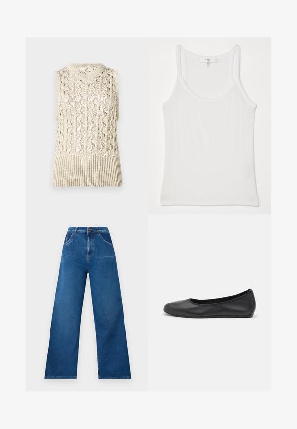 Kudonnut hihaton neulepaita vaaleassa sävyssä, jossa on avoin rakenne ja ribbireuna. Materiaali on teksturoitu ja siinä on monimutkaisia kuvioita.; Valkoinen ilman hihoja oleva toppi, joka on valmistettu pehmeästä, urituksesta; siinä on ohuet olkaimet ja pyöreä kaula-aukko, jossa on ; Jortsit leveällä lahkeella tummansinisestä denimistä, korkealla vyötäröllä, etu- ja takataskuilla sekä kontrastivärisillä ompeluilla.; Musta nahkainen ballerina, jossa on pyöristetty kärki, sileä pinta, minimaalinen ommelkoristelu ja joustava pohjamuotoilu.
