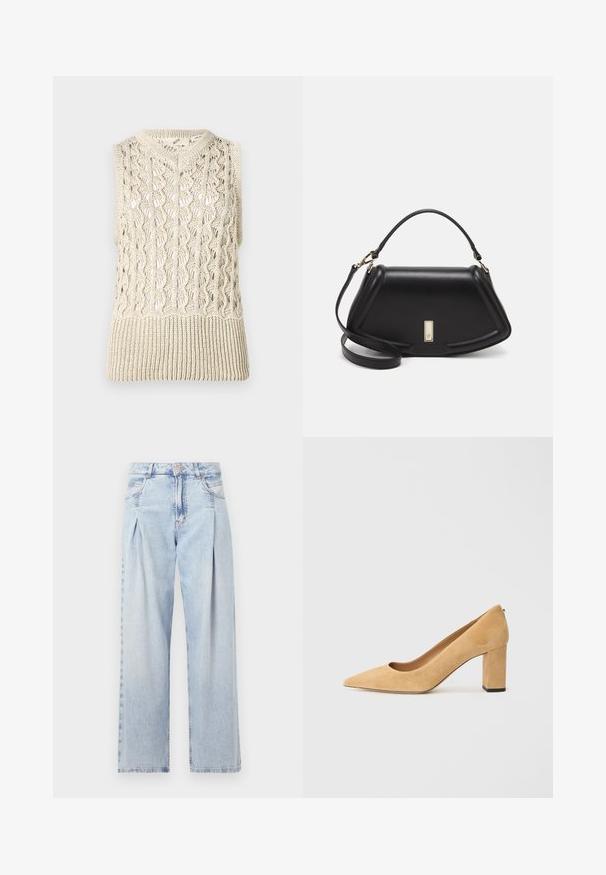 Pulover tricotat fără mâneci, de culoare crem, cu un design cu deschideri și tiv zimțat. Materialul are o terminare texturată cu modele complexe.; Jeans din denim albastru deschis cu talie înaltă, croială evazată, două buzunare laterale și un design pliat. Textură moale cu un finisaj decolorat.; Pantofii cu toc înalt din suede bej au vârful ascuțit și un toc gros. Materialul are o textură moale și o finisare netedă.; Geantă de umăr din piele neagră, cu un design structurat, având o formă tăiată, mânere superioare și accente din aur. Include o curea de umăr ajustabilă.