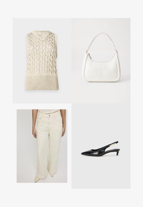 Beige megztinis be rankovių, su atviru dizainu ir raukšlėtu apdailu. Medžiaga turi tekstūrinį paviršių su sudėtingais raštais.; Kreminės spalvos plačios kojos džinsai, pagaminti iš džinsinio audinio, su aukštu liemeniu, priekinėmis kišenėmis ir vieno mygtuko uždarymu, užtikrinančiu laisvą prigludimą.; Juodas odinis pavasario batelių modelis su smailiu nosiu, turintis siaurą kulniuką ir auksinės spalvos akcentu reguliuojamoje juostoje. Lygi tekstūra.; Balta odinė rankinė su išlenkta forma, su reljefiniu "CK" logotipu priekyje ir viena petneša. Užtrauktuko uždarymas viršuje.