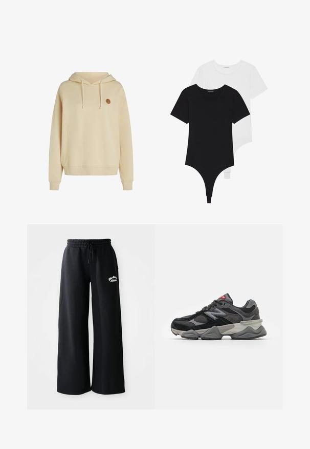 Vaaleanbeige huppari, joka on valmistettu pehmeästä kankaasta. Siinä on etutasku ja pyöreä logo vasemmassa rinnassa. Ribbaus hihansuissa.; Mustat ja valkoiset lyhythihaiset bodysuitit, joissa on pyöreä pääntie ja thong-tyyliset alaosat, valmistettu sileästä, joustavasta kankaasta.; Musta leveälahkeinen collegehousut, jossa on nauhakuja vyötäröllä. Vasemmalla puolella on brodeerattu teksti, ja ne on valmistettu pehmeästä puuvillasekoitemateriaalista.; Mustat ja harmaat lenkkarit, joissa on yhdistelmä mokkaa ja verkkomateriaaleja, paksu pohja, hallitseva logo ja punaisia yksityiskohtia kielekkeessä.