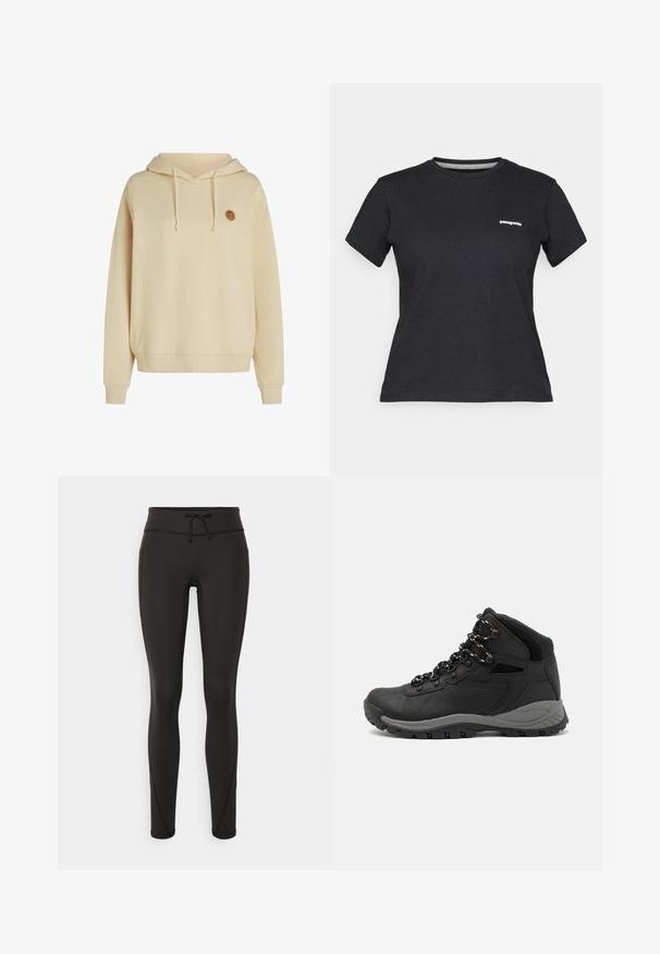 Hellbeige Kapuzensweatshirt aus weichem Stoff, mit einer Vordertasche und einem runden Logo auf der linken Brust. Gerippte Bündchen.; Schwarzes Baumwoll-T-Shirt mit runder Halslinie und kurzen Ärmeln. Mit einem weißen "Patagonia"-Logo auf der linken Brustseite.; Schwarze Leggings mit hohem Bund, Kordelzug, glatter Textur und tailliertem Design. Verfügt über Nähte entlang der Seiten.; Schwarzer Wanderstiefel mit einem mittelhohen Design, ausgestattet mit einer strukturierten Oberfläche, grauen Akzenten und einer robusten Gummisohle mit Profilstollen.