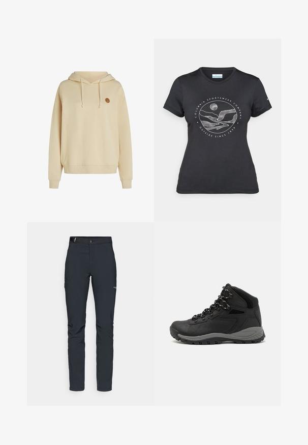 Sweatshirt à capuche beige clair en tissu doux, avec une poche avant et un logo circulaire sur la poitrine gauche. Poignets côtelés.; T-shirt noir Columbia avec un dessin linéaire blanc de montagne et de rivière en cercle et le texte "Columbia Sportswear Company À l'extérieur depuis 1938."; Pantalons de plein air pour hommes, gris foncé, fabriqués en matériau flexible, dotés d'une ceinture, de poches zippées et de coutures renforcées.; Botte de randonnée noire au design mi-haut, avec un dessus texturé, des accents gris et une semelle en caoutchouc durable avec des crampons de traction.