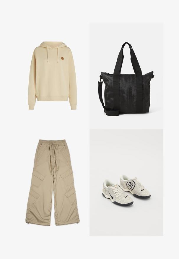 Gai beige kapucīna džemperis, kas izgatavots no mīksta auduma, ar priekšējo kabatu un apaļu logo kreisajā krūtī. Ribotie aproces.; Gaiši brūnas cargo bikses ar aukliņu jostu, vairākām sānu kabatām un brīvu piegriezumu. Izgatavotas no viegla, gluda materiāla ar šuvju detaļām.; Nike sporta apavi ar bēšas un pelēkas teksturētas virsmas, melniem akcentiem, lielu "90" logotipu un baltu šņorēšanas aizdari. Melna zole.; Melnā soma ar teksturētu audumu, divām augšējām rokturiem un noņemamu plecu siksnu. Aprīkota ar ieslēdzamu aizdari drošai uzglabāšanai.
