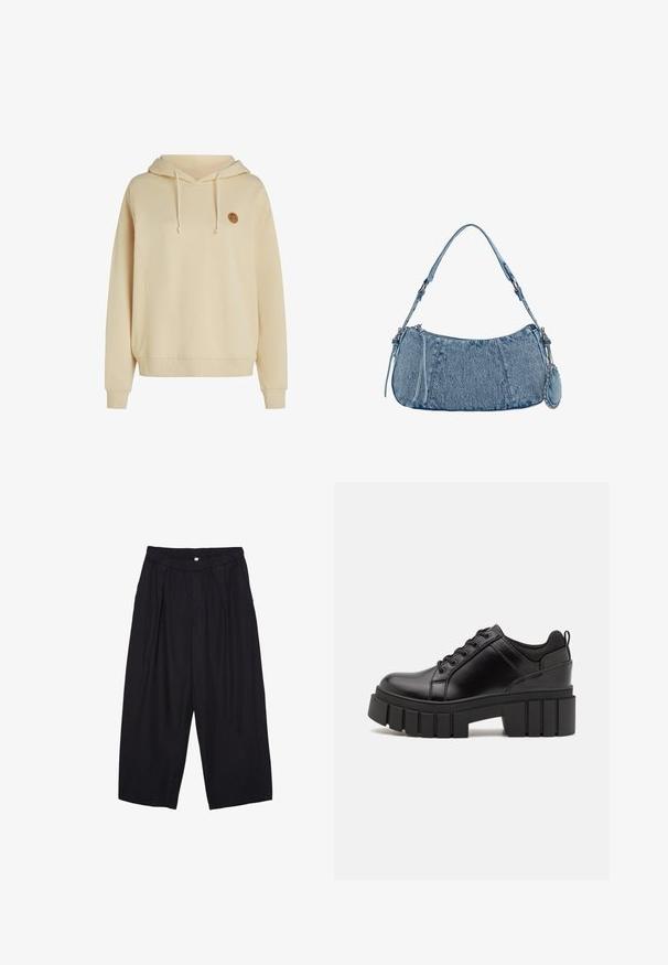 Felpa con cappuccio color beige chiaro, realizzata in morbido tessuto, con tasca frontale e logo circolare sul lato sinistro del petto. Polsini a costine.; Pantaloni culotte neri in poliestere con una cintura elastica, due pieghe frontali e una silhouette ampia. Nessun motivo visibile o dettagli in metallo.; Scarpe platform in pelle nera con tacco a blocco robusto, punta rotonda e design tradizionale con lacci. Presentano una superficie liscia e dettagli minimi.; Borsa in denim con forma curvata, colore azzurro chiaro, tracolla regolabile e una piccola pochette staccabile con accenti metallici.
