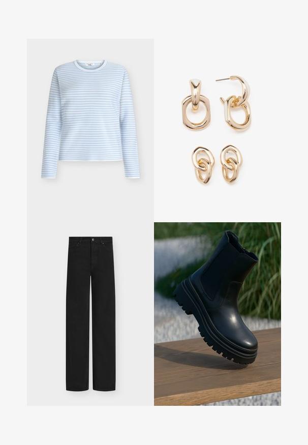 Hellblaues langärmliges Hemd mit weißen horizontalen Streifen, rundem Ausschnitt und weicher Textur. Entworfen mit lockerer Passform und minimalen Akzenten.; Weißes kurzärmliges T-Shirt mit Rundhalsausschnitt, lockerer Passform, aus weichem Baumwollstoff. Glatte Textur, keine Muster oder Logos.; Schwarze Jeans mit weitem Bein aus Denim, ausgestattet mit einem Knopfverschluss und fünf Taschen. Glatte Textur mit einem klaren, minimalistischen Design.; Schwarze Leder-Ankle-Boots mit einer robusten Sohle, elastischen Seitenteilen und einer glatten Oberfläche. Erhöhtes Design mit kontrastierenden Profildetails.; Goldfarbene Ohrringe mit einer Mischung aus geometrischen Formen: einem Quadrat, einem Kreis und miteinander verbundenen ovalen Designs mit einer polierten Oberfläche.