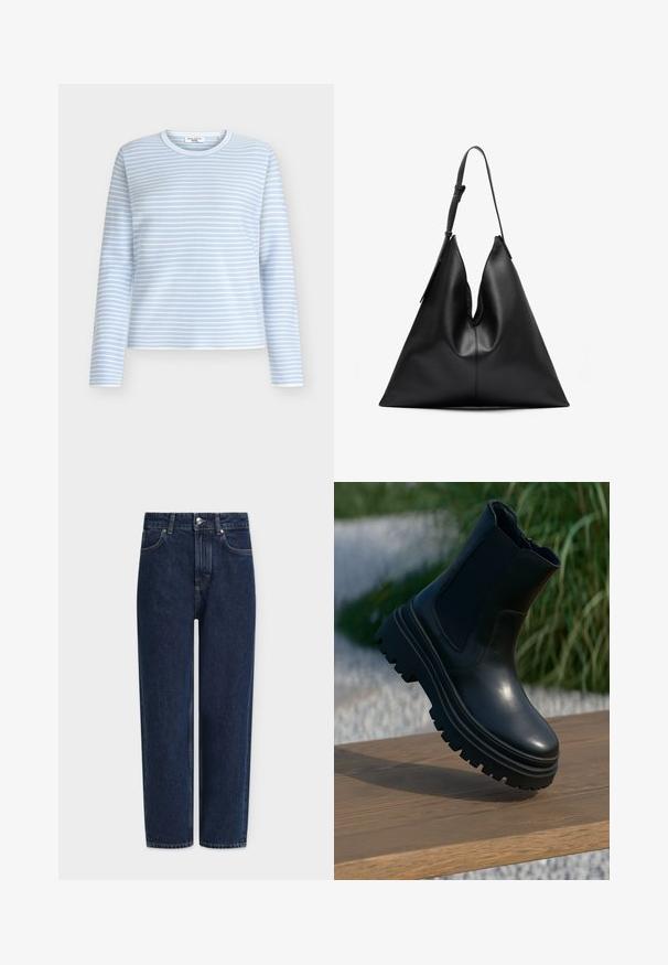 Hele sinine pika varrukaga särk valgete horisontaalsete triipudega, ümmarguse kaelusega ja pehme tekstuuriga. Disainitud lõdva lõike ja minimaalsete aksentidega.; Valge lühikeste varrukatega T-särk ümmarguse kaelusega, lõdnema sobivusega, valmistatud pehmest puuvillakangasest. Sile tekstuur, ilma mustrite ja logodeta.; Tumesinised teksad sirge säärega, kõrge vöökohaga, hõbedaste riistvarade, esitaskute ja peente õmblusedetailidega. Klassikaline viie taskuga disain.; Mustad must jalanõud mustast nahast, paksu tallaga, elastsete külgpaneelidega ja siledaga viimistlusega. Tõstetud disain, millel on kontrastne tallamuster.; Must musta kolmnurga kujuga käekott, millel on üks reguleeritav õlarihm ja pehme, veidi lohvama struktuuriga.; Kuldsete toonidega kõrvarõngad, millel on geomeetriliste kujundite segu: ruut, ring ja ühendatud ovaalsed kujundid, millel on poleeritud viimistlus.