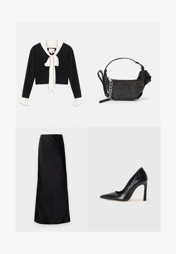 Maglione corto nero a maniche lunghe con colletto bianco attaccato, fiocco frontale e polsini bianchi a balze sulle maniche.; Norma Kamali BIAS OBIE SKIRT - Gonna lunga - black; Scarpa nera con punta a punta alta in pelle di coccodrillo, caratterizzata da un design elegante, alto tacco a spillo e interno nero liscio.; Borsa nera con un design texture, adornata con borchie argentate e una robusta tracolla in argento. Presenta una forma elegante e minimalista.