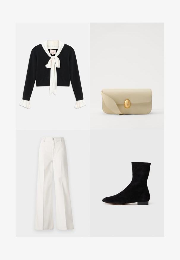 Crna dugih rukava skraćena vestica s pričvršćenim belim ovratnikom, prednjom mašnom i belim nabranim manžetama na rukavima.; Bijele široke hlače izrađene od pamuka s glatkom teksturom. Imaju prednji gumb, patentni zatvarač i dizajn s četiri džepa.; Crne nubuk čizme do gležnjeva s uskim okvirem, špicastim vrhom i niskom bloknom petom. Glatka tekstura i minimalistički dizajn, pogodne za svestrano stiliziranje.; Bež kožni ručni torbicu s glatkom teksturom, pravokutnim oblikom i zlatnim ovalnim kopčanjem. Ima dugu, podesivu naramenicu.
