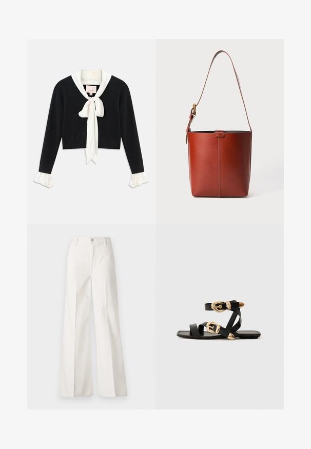 Fekete, hosszú ujjú, rövidített pulóver, hozzáerősített fehér gallérral, elülső masnival és fehér fodros mandzsettákkal a ujjain.; Fehér, bővebb nadrág, amely pamutból készült, sima textúrával. Elöl gombbal, cipzáras záródással és négy zsebes kialakítással rendelkezik.; Fekete bőr szandál arany csattal, több hevederrel és lapos talpú dizájnnal, nyitott lábujjú viselethez.; Barna bőr vödör táska állítható vállpánttal és aranyszínű csattal, egyszerű függőleges varrással az elején.