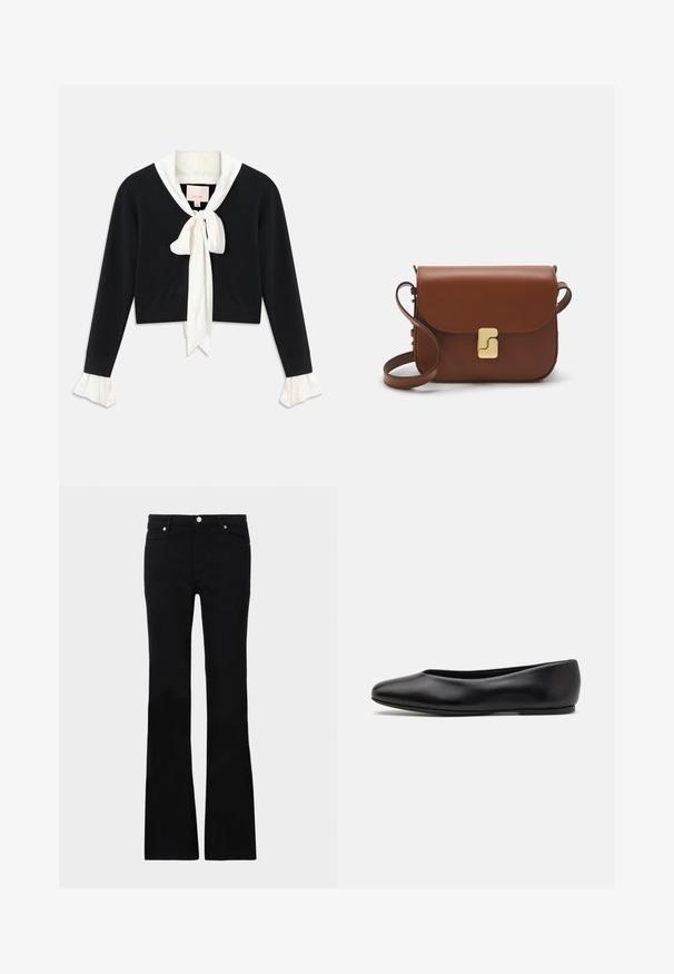 Černý dlouhý rukáv zkrácený svetr s našitým bílým límečkem, přední mašlí a bílými volánkovými manžetami na rukávech.; Černé zvonové džíny vyrobené z denimu, s dvěma předními kapsami, zapínáním na knoflík a hladkou strukturou. Na švech je viditelné charakteristické prošívání.; Paul Smith TOPANGA - Klasické baleríny - black; Hnědá kožená kabelka s klopou, zlatými kovovými detaily, ramenním popruhem a hladkým povrchem. Kompaktní obdélníkový tvar.
