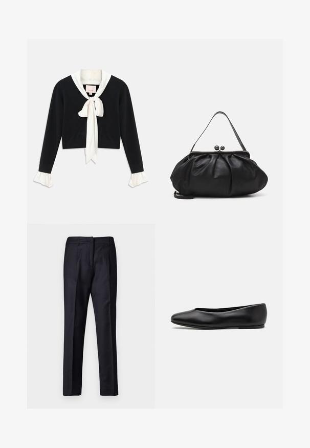 Juodas ilgo rankovės trumpas megztinis su pritvirtintu baltu apykakle, priekyje esanti kaklaraištis ir balti voliani rankogaliai.; Jūros pajėgų stiliaus kelnės su glotnia tekstūra, su plokščiu priekiu, dviem raukiniais ir diržo kilpomis. Tiesaus kirpimo, apdailintos hem.; Paul Smith TOPANGA - Balerinos stiliaus laivutės - black; Juodas odinis rankinė su apvalia, raukšlėtą dizainą. Priedai metalinė užsegimas su dviem dekoratyvinėmis kamuoliukais ir plona, nuimama pakaba.