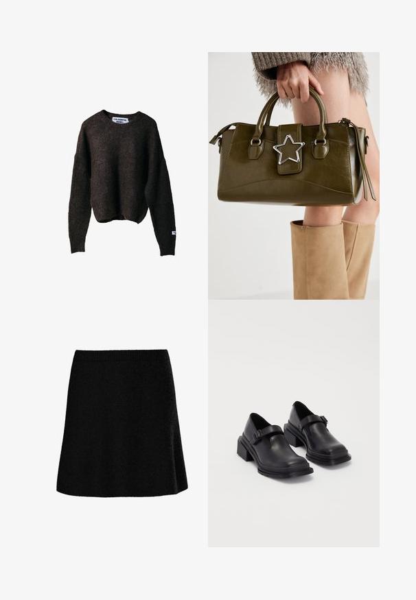 Maglione marrone lavorato a maglia con una vestibilità comoda, scollatura rotonda e polsini a costine. Presenta un'etichetta con "COLORFUL REBEL" sul lato.; Gonna nera a linea A con tessuto morbido e strutturato. Presenta una cintura aderente e una silhouette svasata, offrendo un look casual e armonioso.; Scarpe in pelle nera con punta arrotondata, suola piatta e una cintura con dettaglio fibbia. Tacco a blocco spesso per una maggiore stabilità.; Borsa a mano in similpelle verde oliva con accentatura a stella argentata, manici doppi e chiusura con zip. Superficie testurizzata e forma strutturata.
