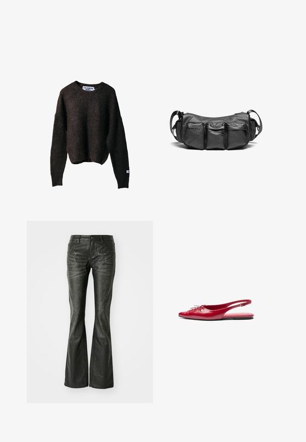 Rjav pleten pulover z udobnim krojem, okroglo ovratnikom in rebrastimi manšetami. Ima oznako "COLORFUL REBEL" na strani.; Črne usnjene široke kavbojke s sprednjimi žepi, kovinskim gumbom za zapiranje in rahlo strukturirano površino. Ravnina nogavice s dolgim krojem.; Rdeče usnjene balerinke s prstnim koncem in okrasnim vezanjem spredaj, opremljene s slim trakovi okoli gležnja in ravnim podplatom.; Črna usnjena torba čez ramo z teksturirano površino. Ima tri zunanje žepe in nastavljiv trak. Kompaktna, zaobljena oblika.