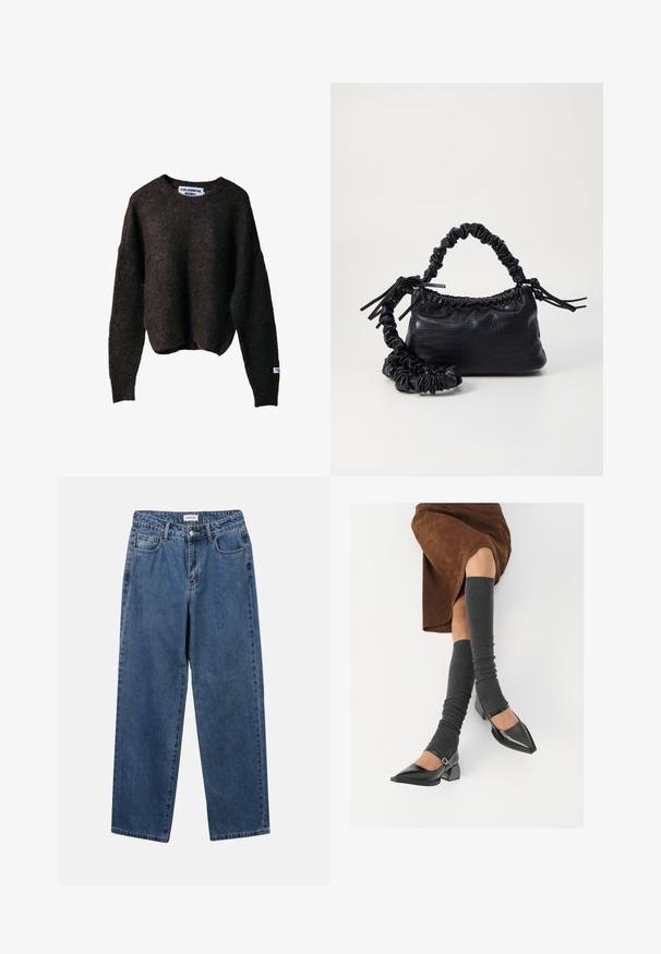 Brown knitted sweater with a relaxed fit, round neckline, and ribbed cuffs. Features a tag with "COLORFUL REBEL" on the side.; Classic blue denim jeans with a straight-leg design, five pockets, and a button closure. Features a medium wash and sturdy texture.; Black patent leather pointed-toe shoes with a block heel and ankle strap, paired with gray ribbed leg warmers and a brown suede skirt.; Black faux leather handbag with a crocodile texture, cinched top, and a scrunched strap. Appears soft and compact in design.