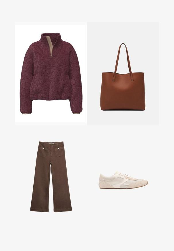 Bordo flis pulover s visokim ovratnikom, pola patentnim zatvaračem sprijeda i elastičnim rukavima. Mekana tekstura i opušteni kroj s bočnim džepovima.; Smeđe široke hlače od pamuka, s dva prednja džepa sa srebrnim dugmadima i glatkom teksturom.; Bež tenisica koja kombinira mrežaste i antilop materijale, sa zaobljenim vrhom, vezicama sprijeda i ravnim gumenim potplatom.; Smeđa kožna torba preko ramena s glatkom teksturom, otvorenim vrhom i dvjema naramenicama. Ima minimalne šavove i nema vidljivog hardvera.