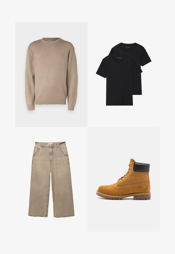 Beige knitted sweater with a round neck, long sleeves, and ribbed cuffs and hem; smooth texture with a uniform pattern.; Two black cotton t-shirts with short sleeves, round necklines, and a smooth texture, displayed stacked together.; PULL&BEAR MEGA BAGGY - Baggy Jeans - light grey; Tan suede ankle boot with black padded collar, gold metal eyelets, white stitching detailing, and rugged rubber sole with pronounced treads.
