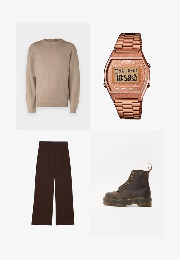 Béžový pletený sveter s okrúhlym výstrihom, dlhými rukávmi a rebrovanými manžetami a lemom; hladká textúra s jednotným vzorom.; Sada piatich tričiek v čiernej, svetlozelenej, béžovej, svetlofialovej a bielej farbe. Každé má okrúhly výstrih a krátke rukávy, vyrobené z bavlny.; Hnedé nohavice s širokými nohavicami a plisovaním. Vyrobené z hladkej látky, s upraveným pásom a bočnými vreckami. Rovný lem na spodnej časti.; Hnedé kožené členkové topánky s okrúhlym špicom, kontrastným žltým prešívaním, dekoračnými kovovými očkami a drážkovanou gumovou podrážkou.; Digitálne hodinky Casio s kovovým remienkom v ružovom zlate, obdĺžnikovým puzdrom, osvetleným displejom a vodoodolnosťou, zobrazuje čas a dátum.