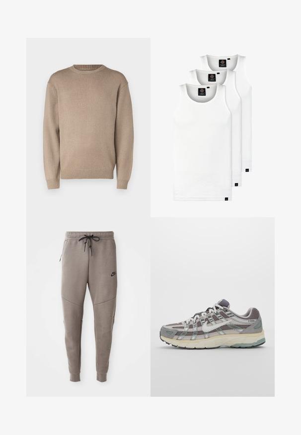 Beige gestrickter Pullover mit Rundhalsausschnitt, langen Ärmeln und gerippten Bündchen und Saum; glatte Textur mit einheitlichem Muster.; Drei weiße, gerippte Tanktops aus Baumwolle. Merkmale einen Rundhalsausschnitt und kleine schwarze Etiketten am Saum. In mehreren Größen erhältlich.; Graue Nike-Sweatpants mit einem Kordelzugbund, schmal zulaufenden Beinen, seitlichen Taschen und auffälliger Nahtgestaltung. Weicher, strukturiert Stoff.; Grauer Sportschuh mit einem Obermaterial aus Mesh und Wildleder, weißen Akzenten, einer gepolsterten Sohle und einem charakteristischen Design mit reflektierenden Elementen.