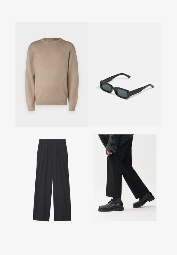 Pulover tricotat bej cu guler rotund, mâneci lungi și manșete și tiv cu nervuri; textură netedă cu un model uniform.; Pantaloni largi dintr-un material gri închis. Prezintă pliuri la talie, un design ajustat și o siluetă dreaptă.; Pantofi din piele neagră cu vârf rotunjit, design cu şireturi şi o talpă groasă, texturată. Purtați cu pantaloni negri bine croiți și un pulover cu ripuri.; Ochelari de soare dreptunghiulari negri cu lentile închise. Rame lucioase, brațe drepte cu o ușoară curbă. Design minimal, fără embellishments.