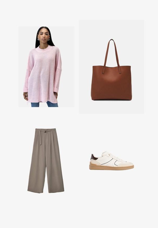 Elara Maglione - babyrosa; Pantaloni a gamba larga in un morbido tessuto grigio tenue, con vita con cintura e pieghe per un tocco di design aggiuntivo. Texture liscia, senza motivi.; Stradivarius Sneakers basse - white; Borsa tote in pelle marrone con texture liscia, design con apertura superiore e due spallacci. Presenta cuciture minime e nessun hardware visibile.