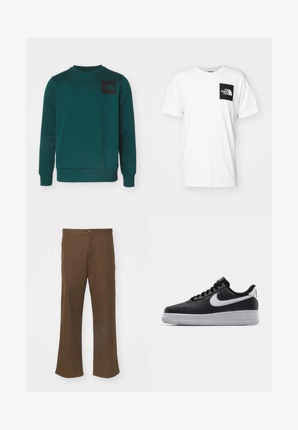 Zelená mikina vyrobená z měkké látky, s kulatým výstřihem, dlouhými rukávy a černou nášivkou loga na levé straně hrudi.; Bílý bavlněný tričko s černou čtvercovou kapsou a bílým logem "The North Face". Krátké rukávy a design s kulatým výstřihem.; Hnědé rozšířené kalhoty vyrobené ze hladké tkaniny s zapínáním na knoflík, které mají přední kapsy a rovné švy podél nohavic.; Černé kožené tenisky s texturovaným povrchem, bílým logem Nike, šedou podrážkou, kulatou špičkou a designem na šněrování. Obsahují perforace na špičce.