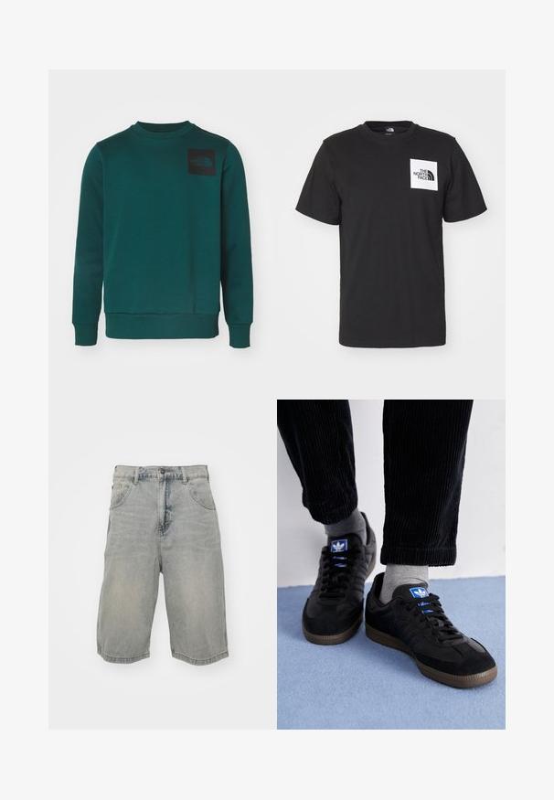 Groene sweatshirt gemaakt van zacht materiaal, met een ronde hals, lange mouwen en een zwart logo op de linkerborst.; Zwarte katoenen t-shirt met korte mouwen, ronde hals en een wit vierkant borstlogo met de tekst "The North Face" en een gebogen ontwerp.; Lichtblauwe denim shorts met een relaxte fit, voorzien van vijf zakken, riemlussen en een vervaagde textuur. De zoom is opgerold en gestikt.; Zwarte sneakers van suede en leer, met een blauw logo en een bruine rubberen zool. Gepaard met grijze sokken en corduroy broek.
