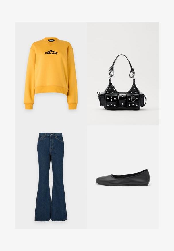 Felpa gialla con maniche lunghe e collo rotondo. Presenta un logo nero sul davanti. Realizzata in tessuto morbido e texturizzato. Orlo accorciato.; Jeans a zampa d'elefante di colore blu scuro realizzati in denim. Presentano un'alta vita, cinque tasche e cuciture a contrasto. Texture liscia e finitura pulita.; Pantofole da balletto nere in pelle con punta arrotondata, texture liscia, dettagli di cucitura minimi e design con suola flessibile.; Borsa a mano in pelle nera con design curvo, caratterizzata da borchie argentate, una fibbia e due tasche laterali. Tracolla regolabile per diverse opzioni di trasporto.