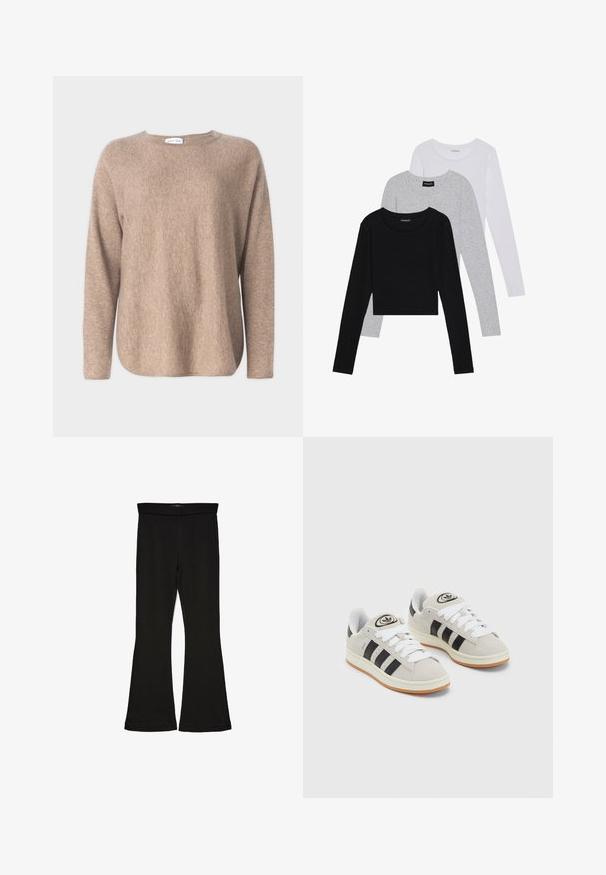 Davida Cashmere CURVED SWEATER - Maglione - mink; Tre magliette a maniche lunghe impilate: nera, grigia e bianca. Ognuna ha un colletto rotondo e un design accorciato con tessuto morbido e leggero.; Leggings a zampa nera realizzati in un tessuto elasticizzato. Presentano una vita alta e una superficie liscia, con una silhouette aderente che si ampia all'orlo.; Sneakers in suede grigio con lacci bianchi, strisce nere e suola in gomma bianca. Presentano un logo circolare sulla linguetta e una suola in gomma.