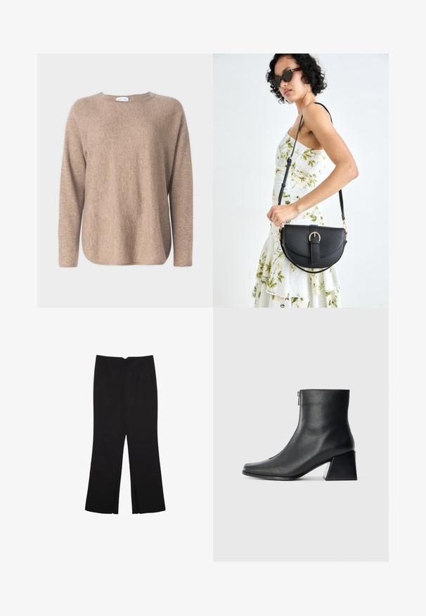 Davida Cashmere CURVED SWEATER - Neule - mink; Mustat housut suoralinjaisella leikkauksella, joissa on etutaskut ja sivurei'ät helman alla. Valmistettu pehmeästä ja sileästä kankaasta. Sopii eri tilaisuuksiin.; Mustat nahka nilkkurit, joissa on nelikulmainen kärki, sivuvetoketju ja lohkarekorko, taustalla vaalea yksinkertainen tausta.; Musta nahkainen käsilaukku, joka on kaareva muotoilultaan, irrotettavalla hihnalla ja kultaisilla yksityiskohdilla. Laukussa on läppä, jossa on solk yksityiskohta.