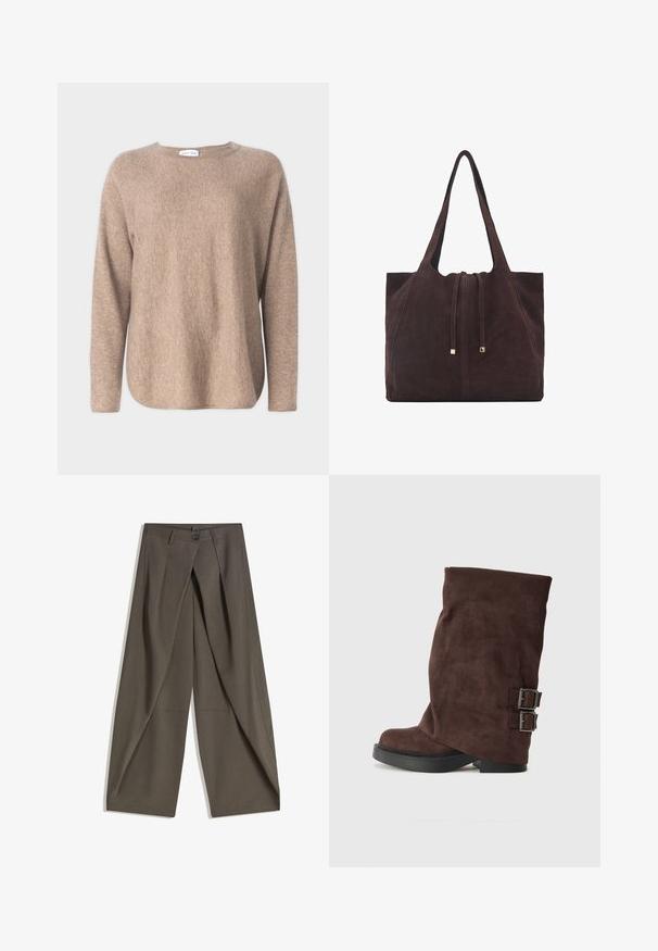 Davida Cashmere CURVED SWEATER - Svetrík - mink; Široké nohavice vyrobené z textúrovaného tmavošedého materiálu. Majú predný záhyb, zapínanie na gombík a bočné vrecká pre praktickosť.; Hnedé semišové členkové čižmy so sklopeným dizajnom, s dvoma striebornými prackami na boku a plochou čiernou gumovou podrážkou.; Mango Veľká kabelka - dark brown