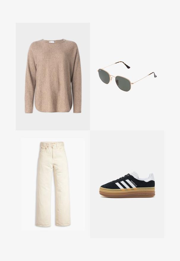 Davida Cashmere CURVED SWEATER - Maglione - mink; Jeans beige a gamba larga realizzati in denim di cotone. Presentano un alto righello, chiusura con bottone e design a cinque tasche. Texture liscia e resistente.; Sneaker in suede nera con dettagli bianchi e tre strisce, dotata di un tallone bianco testurizzato, suola in gomma e branding "Gazelle".; Occhiali da sole con montatura in metallo dorato e lenti verde scuro, stile aviator, con aste sottili e dettagli in tartaruga sulle punte.