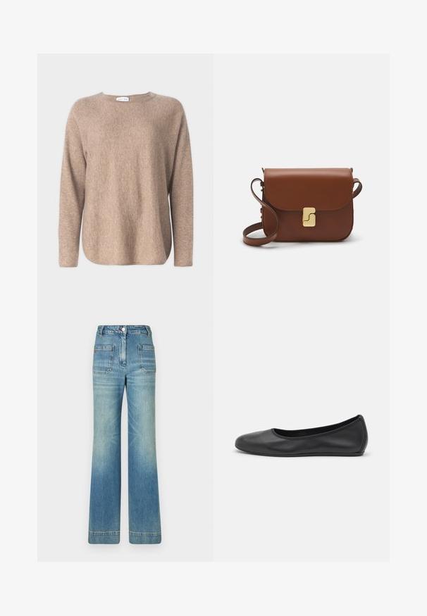 Davida Cashmere CURVED SWEATER - Pulóver - mink; Világoskék, trapéz szabású farmernadrág öt zsebbel, övhurkokkal, gombos záródással és enyhén fakó textúrával, a hátsó részén egy piros logó részlettel.; Fekete bőr balettcipő lekerekített orral, sima tekstúrával, minimális varrással és rugalmas talp kialakítással.; Barna bőr kézitáska, hajtókás zárással, arany színű fém kiegészítőkkel, vállpánttal és sima felülettel. Kompakt téglalap alakú.