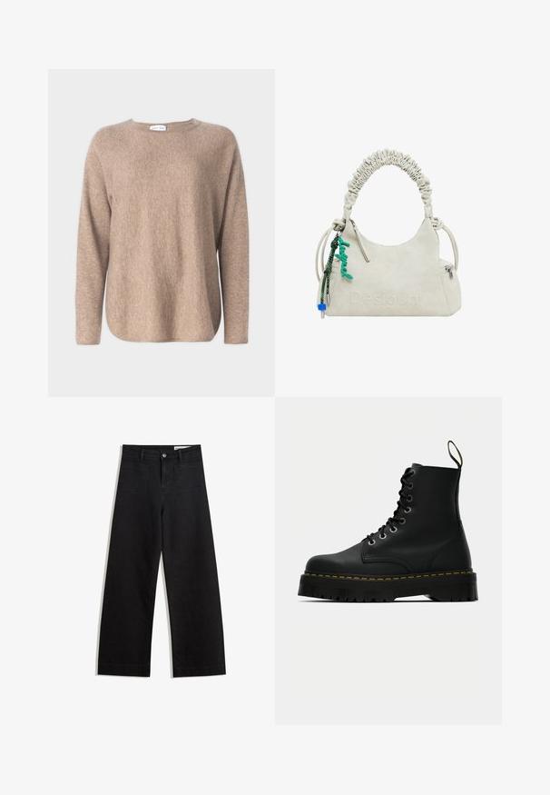 Davida Cashmere CURVED SWEATER - Strickpullover - mink; Schwarze weit geschnittene Jeans mit hoher Taille, ausgestattet mit Vorder- und Hintertaschen, gesteppten Nähten und einem Knopfverschluss. Glatte Textur.; Schwarze Leder-Schnürstiefeletten mit einer dicken, strukturierten Gummisohle und gelben Steppnähten um die Plattform.; Off-white Handtasche aus Kunstleder mit gerafftem Griff, Reißverschlusstasche und grünem Anhänger. Glatte Textur, dezentes geprägtes Logo und elegantes Design.