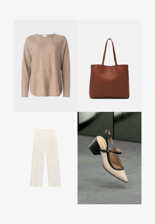 Davida Cashmere CURVED SWEATER - Jumper - mink; Wide-legged trousers in a light cream color. Made from a smooth fabric with pleats at the front and side pockets.; Beige pointed-toe slingback shoe with black trim, gold buckle, and a chunky block heel on gray floor with dark green background.; Brown leather tote bag with a smooth texture, open top design, and two shoulder straps. Features minimal stitching and no visible hardware.