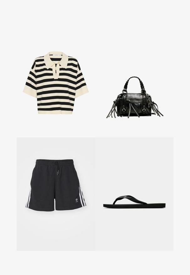 Schwarz-weißer gestreifter Poloshirt mit kurzen Ärmeln, Kragen und einer Schlüssellochöffnung vorne. Weicher Strickstoff.; Schwarze Sportshorts aus einem Baumwollmix, mit weißen seitlichen Streifen, elastischem Bund mit Kordelzug und kleinem Logo am Saum.; Schwarze Gummi-Flip-Flop-Sandale mit einem strukturierten Riemen und einfacher flacher Sohle, von der Seite auf einem schlichten hellen Hintergrund dargestellt.; Schwarze Lederhandtasche mit geflochtenen Tragegriffen, texturiertem Oberflächen, einem Reißverschluss-Frontfach und dekorativen Fransenakzenten. Kompakte und strukturierte Form.