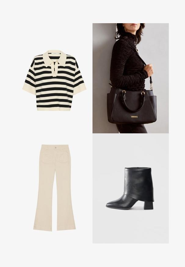 Črna in kremna kratkosleečna polo majica s ovratnikom in odprtino v obliki ključavnice spredaj. Mehka pletenina.; Bež hlače s širokim nogavicami in visokim pasom, narejene iz bombažnega blaga. Imajo sprednje in zadnje žepe, zanke za pas ter en sam srebrn gumb.; Črne usnjene gležnjarje z izostrenim prstom, gladko teksturo in trdnimi blokastimi petami. Imajo visok, zložen manšeti.; Črna torbica z teksturirano površino, z dvema zgornjima ročajema in nastavljivim ramenskim pasom. Ima zlatovrateče dodatke in stranske žepe.