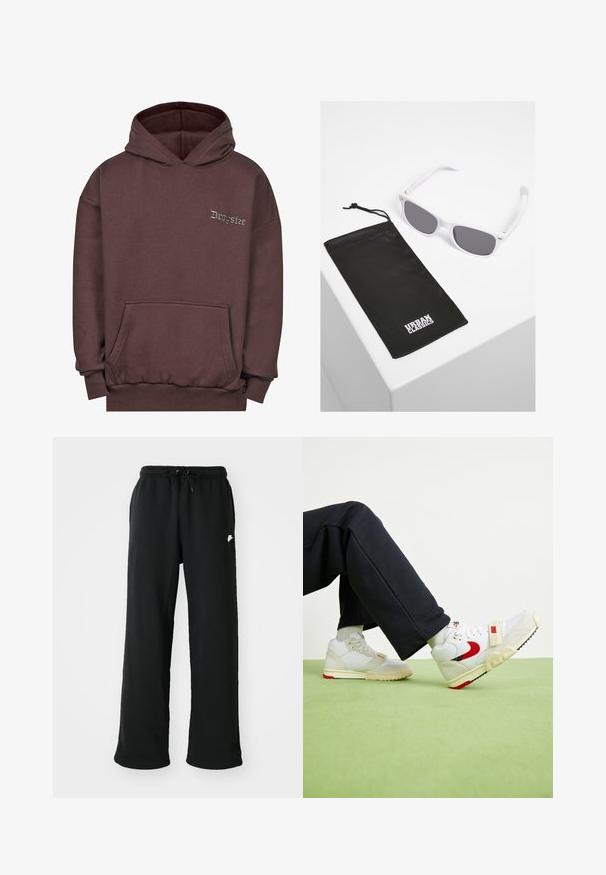 Brązowa bluza z kapturem, wykonana z miękkiego materiału, z przednią kieszenią, ściągaczami przy mankietach i kapturem ze sznurkiem. Na klatce piersiowej wyszyte "Dropsize" w kolorze szarym.; Biała bawełniana koszulka z krótkim rękawem i okrągłym dekoltem. Posiada małe, dyskretne logo Nike na piersi oraz metkę po boku.; Czarne dresy wykonane z miękkiego materiału, z elastycznym pasem w talii i regulowanym sznurkiem oraz małym logo na boku.; Białe i kremowe sneakersy z czerwonym akcentem, wykonane z siateczki i zamszu, z teksturowanymi detalami i paskiem z przodu.; Białe plastikowe okulary przeciwsłoneczne z szarymi soczewkami obok czarnej tkaninowej torby z białym logo "URBAN CLASSICS" napisanym pogrubioną czcionką.