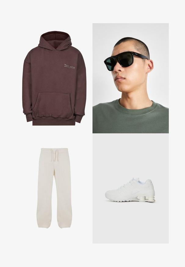 Hoodie marron en tissu doux, avec une poche avant, des poignets côtelés et une capuche avec cordon de serrage. "Dropsize" brodé en gris sur la poitrine.; Pantalons en lin beige clair avec une taille élastique et un cordon de serrage. Design à jambe droite avec une texture lisse et un léger rétrécissement aux chevilles.; Baskets blanches en cuir synthétique lisse, avec des accents texturés et un talon segmenté distinctif pour l'absorption des chocs. Design à lacets.; Lunettes de soleil rectangulaires noires avec des verres foncés, présentant une forme distinctive et un logo sur la branche. Portées par une personne en chemise verte.