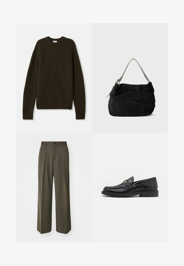 Tamsiai žalia megzta palaidinė su apykakle, ilgomis rankovėmis ir raukiniais. Pagaminta iš minkštos, tekstūriniu vilnos mišinio medžiagos.; Juodas ilgomis rankovėmis marškinėliai, pagaminti iš medvilnės, su apvalia iškirpte ir paprastu dizainu be matomų raštų ar puošmenų.; Filippa K WIDE TROUSERS - Kelnės - driftwood; Juodos odinės loafer tipo bateliai su apvaliuku, su auksinėmis detalėmis ir siuvinėjimo akcentais, įrengti ant žemos, tekstūruotos gumos pado.; Juodas zomšinis krepšys su minkštu, laisvu dizainu. Jame yra plona, lygi odinė petneša ir subtili siuvimo detalė.