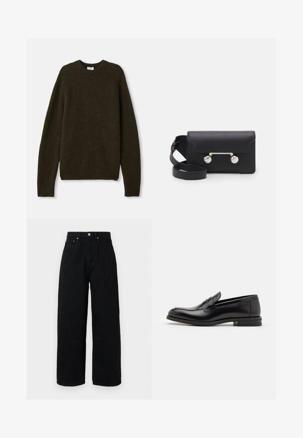Dark green knit sweater with a crew neck, long sleeves, and ribbed hems. Made from soft, textured wool blend fabric.; Black wide-leg pants made of cotton, featuring a high waist, front pockets, silver-tone button, and clean hemline.; Black leather loafers with a smooth texture, rounded toe, and a decorative strap across the vamp. Low stacked heel, minimalist design.; Black leather crossbody bag with a flap closure, silver-tone hardware, and two round accents. Features a detachable strap. Smooth texture.
