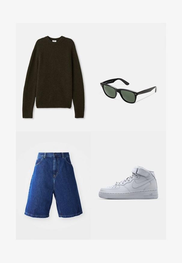 Donkergroene gebreide trui met een ronde hals, lange mouwen en ribgebreide uiteinden. Gemaakt van een zachte, gestructureerde wolmix stof.; Denim shorts met een blauwe wassing, met een hoge taille, twee zakken aan de voorkant en gele stiksels langs de naden.; Grijze Nike Air Force 1 sneakers met hoge bovenkant, leren bovenwerk, gewatteerde kraag en een klittenbandsluiting. Iconisch ontwerp met geperforeerde toe box.; Zwarte plastic zonnebril met groene lenzen, vierkante montuur, zilveren accent op de wenkbrauw en een gestructureerde tempel. Merken vermeld op de binnenkant van de arm.