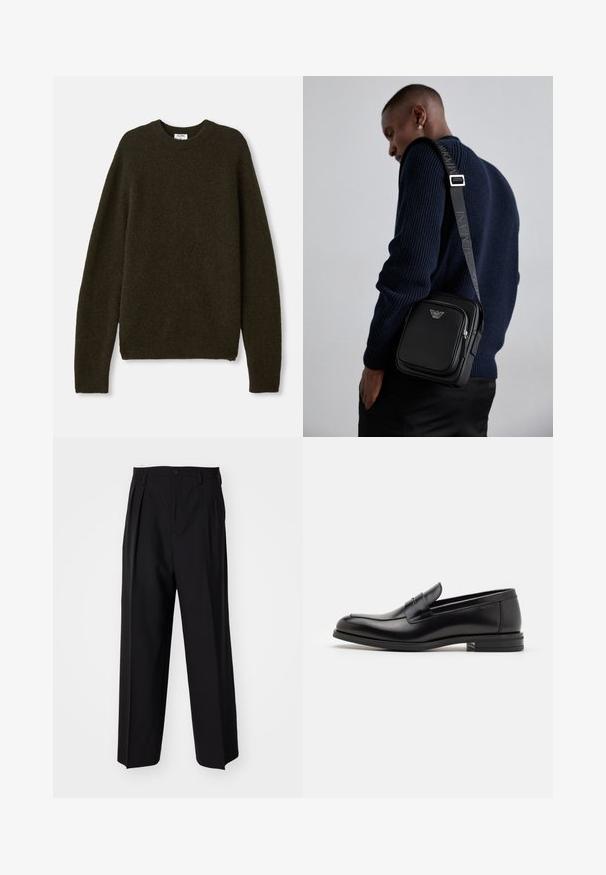Dunkelgrüner Strickpullover mit Rundhalsausschnitt, langen Ärmeln und gerippten Säumen. Hergestellt aus weichem, strukturiertem Wollmischgewebe.; Schwarze, plissierte Hose mit geradem, weitem Bein. Hergestellt aus glattem Stoff, mit Knopfverschluss und Gürtelschlaufen.; Schwarze Lederloafers mit glatter Textur, rundem Zehenbereich und einem dekorativen Riemen über dem Vorderfuß. Niedriger, gestapelter Absatz, minimalistisches Design.; Schwarze Leder-crossbody-Tasche mit einem Reißverschlussfach, Logo-Detail und einem verstellbaren, gebrandeten Gurt. Getragen zu einem strukturierten marineblauen Pullover.