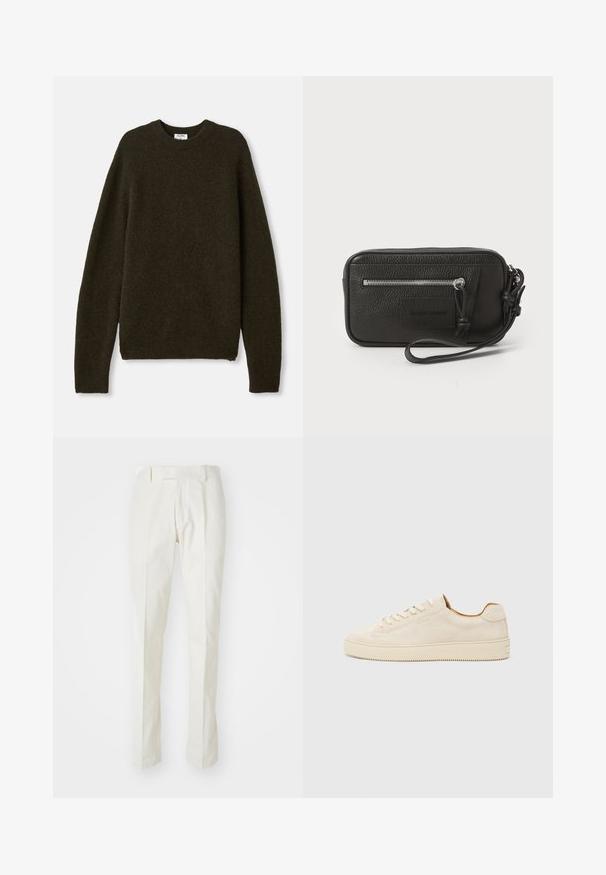 Tmavo zelený pletený sveter s okrúhlym výstrihom, dlhými rukávmi a rebrovanými lemami. Vyrobený z mäkkej, textúrovanej zmesi vlny.; Biele nohavice vyrobené z bavlny, s rovnými nohavicami, plochým predným dielom a bez viditeľných vzorov alebo kovania. Hladká textúra.; Svetlohnedé semišové tenisky s nízkym strihom, okrúhlou špičkou, plochými šnúrkami a textúrovanou gumovou podrážkou. Minimalistický štýl bez viditeľných log.; Čierna kožená kabelka s textúrovaným povrchom, predná zipová vrecko a odnímateľný remienok na zápästie. Obsahuje logo nášivku na prednej strane. Obdĺžnikový tvar.