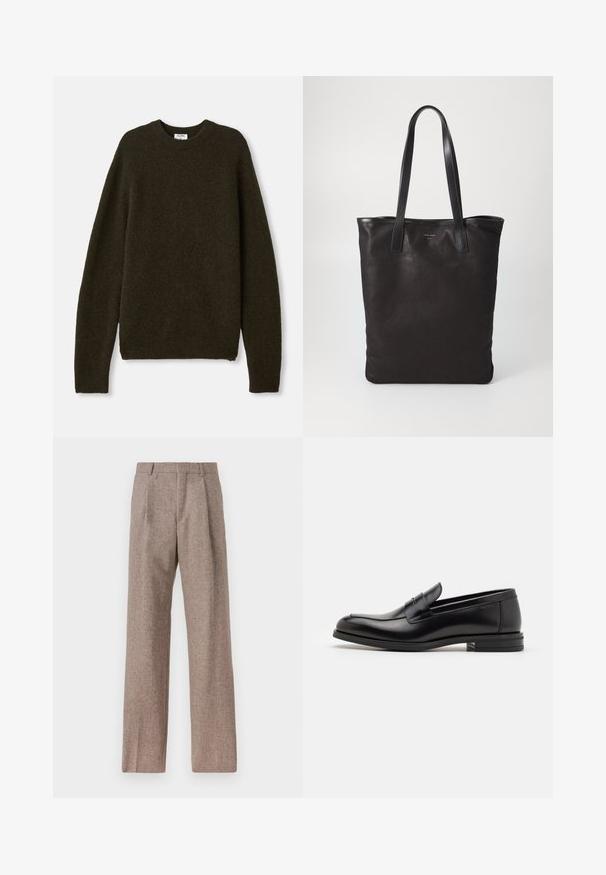 Dunkelgrüner Strickpullover mit Rundhalsausschnitt, langen Ärmeln und gerippten Säumen. Hergestellt aus weichem, strukturiertem Wollmischgewebe.; Braune, hochtaillierte Hose aus strukturiertem Stoff. Mit weitem Bein und zwei vorderen Bügelfalten für zusätzliche Form. Saubere Verarbeitung ohne sichtbare Hardware.; Schwarze Lederloafers mit glatter Textur, rundem Zehenbereich und einem dekorativen Riemen über dem Vorderfuß. Niedriger, gestapelter Absatz, minimalistisches Design.; Schwarze Stofftote mit schwarzen Ledergriffen. Einfaches Design, geräumiger Körper und glatte Textur. Keine sichtbaren Logos oder Muster.