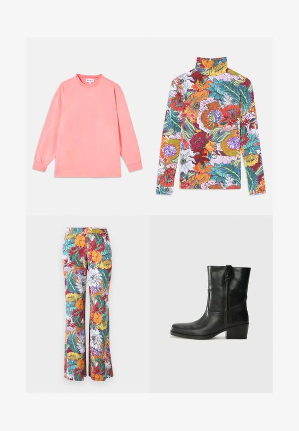 Pika pikkade varrukatega särk korallroosa värviga, valmistatud pehmest kangast. Omab ümmargust kaelust ja elastseid mansette, rinnal on trükitud "STIEGLITZ".; Pikakarvade, kõrge kaelusega top, millel on elav lillemuster, sisaldades mitmevärvilisi õisi ja rohelisi lehti valgel taustal.; Laiendi püksid mitmevärvilise lillemustriga, millel on oranžid, lillad ja tumesinised lilled ning rohelised lehed valgel taustal.; Musta nahast pahkluu saabas ümarate varvastega, plokknäppu, külgsepa ja pealsetel õmblusest aktsentidega. Sile tekstuur, klassikaline disain.