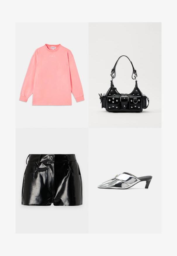 Cămașă cu mânecă lungă în nuanța roz corai, fabricată dintr-un material moale. Prezintă un decolteu rotund și manșete elastice cu "STIEGLITZ" imprimat pe piept.; Pantaloni scurți negri, strălucitori, din material sintetic. Prezintă o talie ajustată, bucle pentru curea și buzunare frontale cu detalii de cusătură proeminente.; Mule metalice argintii cu toc, cu vârf ascuțit, curele suprapuse, toc mic și textură lucioasă, netedă.; Geantă de piele neagră cu un design curbat, dotată cu studuri argintii, o cataramă și două buzunare laterale. Curea ajustabilă pentru opțiuni de transport.