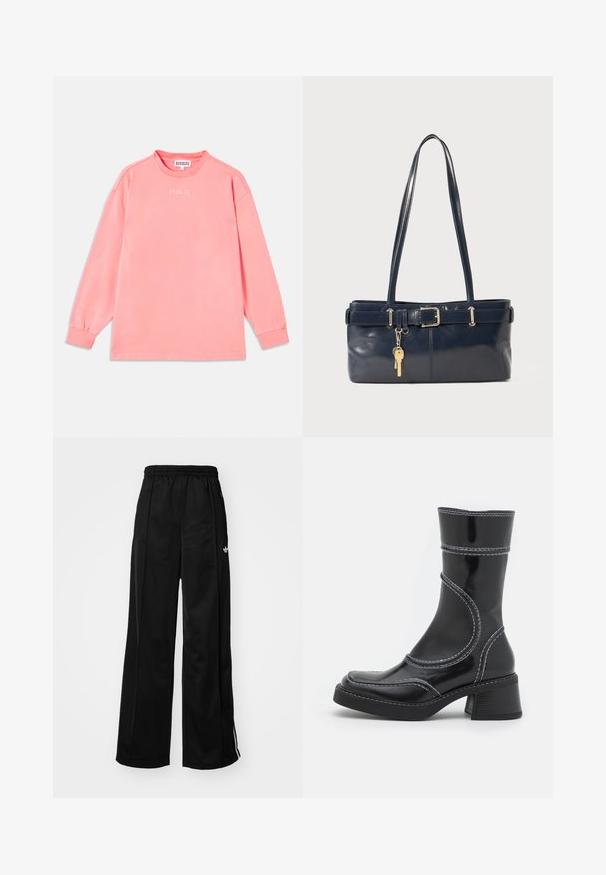 Košulja dugih rukava u koraljno ružičastoj boji, izrađena od mekanog materijala. Ima okrugli izrez i elastične manžete s natpisom "STIEGLITZ" na prsima.; Crne široke trenirke s elastičnom gumom u struku, s bijelim bočnim trakama i malim logotipom na lijevom kuku. Glatka tekstura materijala.; Crne lakirane gležnjače s bijelim šavovima, zaobljenim vrhom i blok petom. Imaju zakrivljene dizajnerske linije i glatku teksturu.; Morska kožna torbica s dva duga ramena, detaljem kopče i privjeskom za ključeve. Ima glatku teksturu i pravokutni oblik.