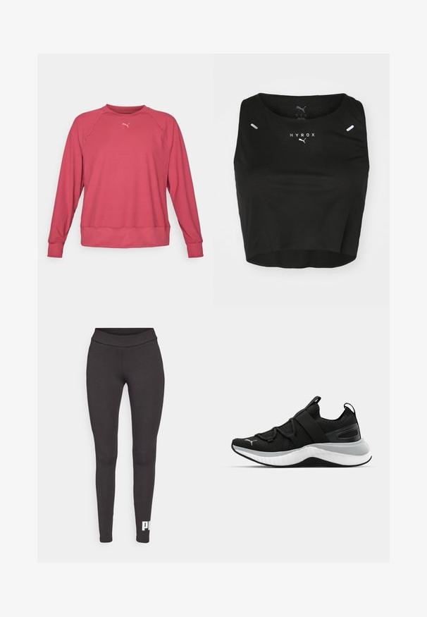 Rózsaszín, hosszú ujjú pulóver kerek nyakkivágással, bordázott mandzsetta és szegéllyel, puha anyagból készült; a mellkasán egy kis logó található.; Fekete, rövidített trikó, texturált anyagból készült, kerek nyakkivágással, fehér logóval és két kis fényvisszaverő részlettel a vállakon.; Fekete leggings rugalmas anyagból, magas derékkal és fehér logóval, amely a bal alsó lábszáron található. Sima textúrájú.; Fekete sportcipő textúrázott felső résszel, rugalmas pántokkal és vastag fehér középtalppal. Szürke akcentussal rendelkezik a talp mentén.