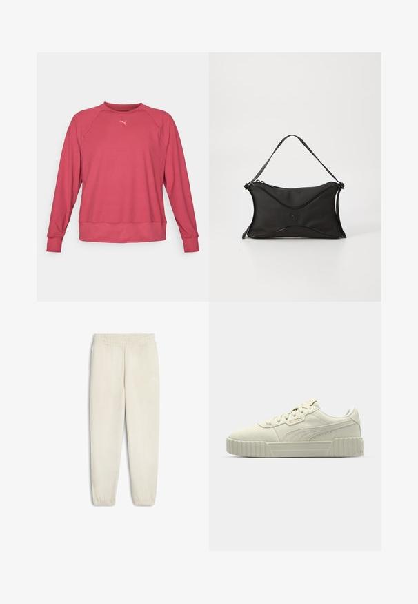 Pink long-sleeve sweatshirt with a crew neck, ribbed cuffs and hem, made from soft fabric; features a small logo on the chest.; Light beige sweatpants made of soft fabric, featuring an elastic waistband, cuffed ankles, and a small white logo on the side.; Puma sneakers in off-white suede, featuring a flat design, thick ribbed sole, lace-up closure, and subtle branding detail on the side.; Black handbag with a soft, textured material. Features a wavy design, single shoulder strap, and a subtle logo detail on the front.