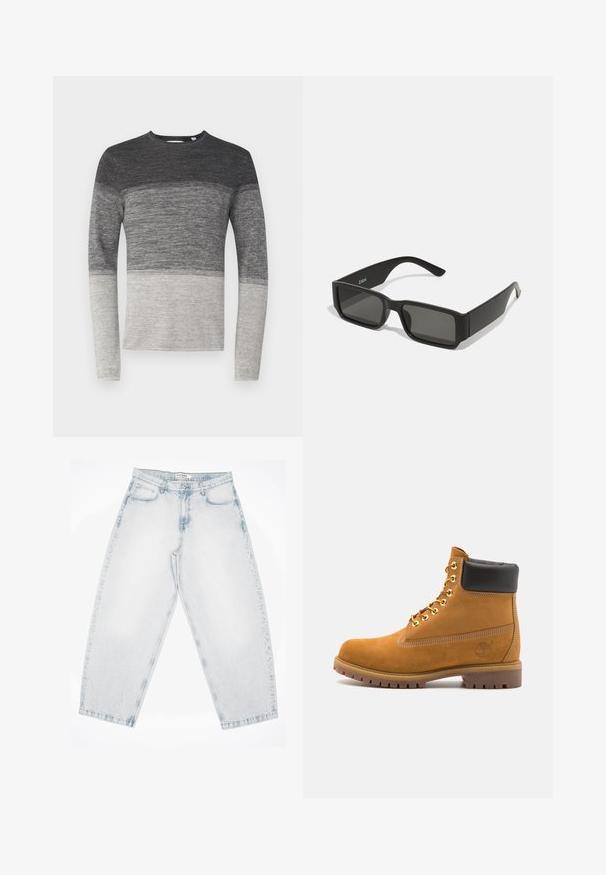 Pulover gri cu mâneci lungi și design în bloc de culori. Prezintă o textură tricotată, trecând de la gri închis la gri deschis în partea de jos.; Blugi din denim de culoare bleu deschis, cu un croi lejer și larg. Au cinci buzunare, închidere cu nasture și detalii cusute. Textură decolorată și picioare drepte.; Cizmă de gleznă din întoarsă de culoare bej, cu guler negru căptușit, ochiuri din metal auriu, detalii de cusătură albă și talpă din cauciuc robustă, cu un model pronunțat.; Ochelari de soare negri cu lentile dreptunghiulare, cadru din plastic mat și margini drepte. Prezintă logo-ul mărcii pe brațul interior.